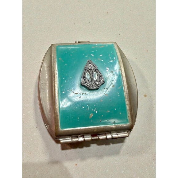 Vintage Accessories - Antique Art Deco Compact Powder Rouge Green Teal Case Mirror Rhinestone Accent